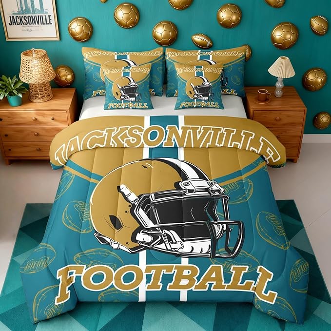 Feelyou Football Comforter Set with Sheets 7 Piece Twin Size Ball Games Bed in a Bag Kids Boys Girls Rugby Bedding Set City of Footballs Bedroom Decor Rugby Sports