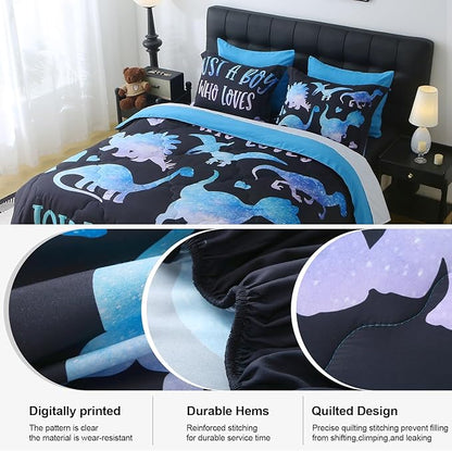 7 Piece Boys Dinosaur Comforter Set Full Size Blue Dinonsaur Soft Microfiber Bed in A Bag with Comforter,Sheet Set,Pillowcase and Sham for Child Teens All Season