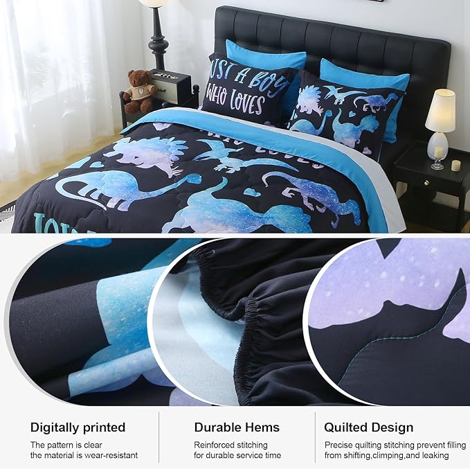 7 Piece Boys Dinosaur Comforter Set Queen Size Blue Dinonsaur Soft Microfiber Bed in A Bag with Comforter,Sheet Set,Pillowcase and Sham for Child Teens All Season