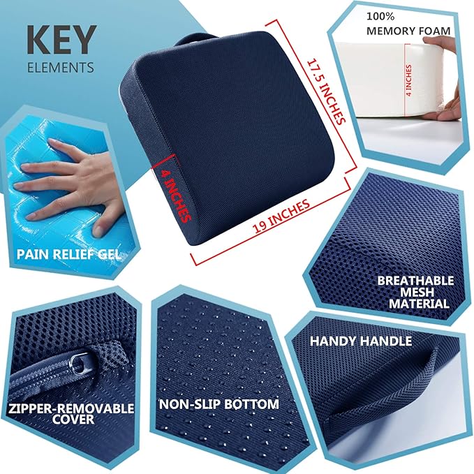 YOUFI Extra Thick Large Seat Cushion -19 X 17.5 X 4 Inch Gel Memory Foam Cushion with Carry Handle Non Slip Bottom - Pain Relief Coccyx Cushion for Wheelchair Office Chair (Blue (1PACK))