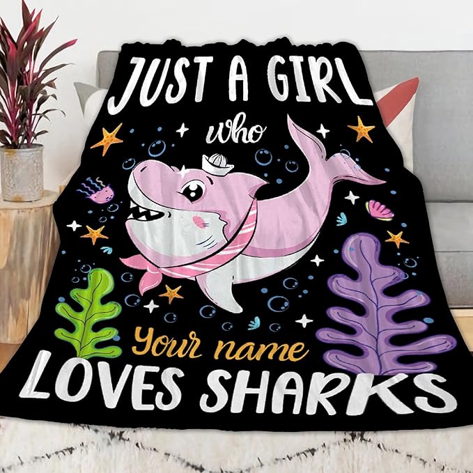 Custom Just A Girl Who Loves Sharks Blankets Gifts for Kids Adult On Bed Sofa,Personalized Premium Flannel Blankets for Birthday Christmas Thanksgiving All Season Use 50''x 60'' -M