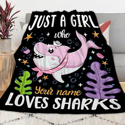 Custom Just A Girl Who Loves Sharks Blankets Gifts for Kids Adult On Bed Sofa,Personalized Premium Flannel Blankets for Birthday Christmas Thanksgiving All Season Use 50''x 60'' -M