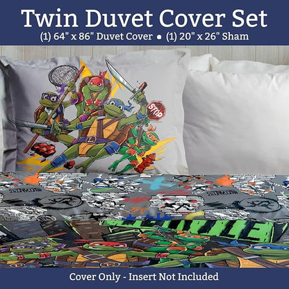 Jay Franco Duvet Cover Set – 3 Piece Comforter Cover and Sham Set, Super Soft Cozy Kids Bedding (Insert Not Included) Grey - Teenage Mutant Ninja Turtles, Twin