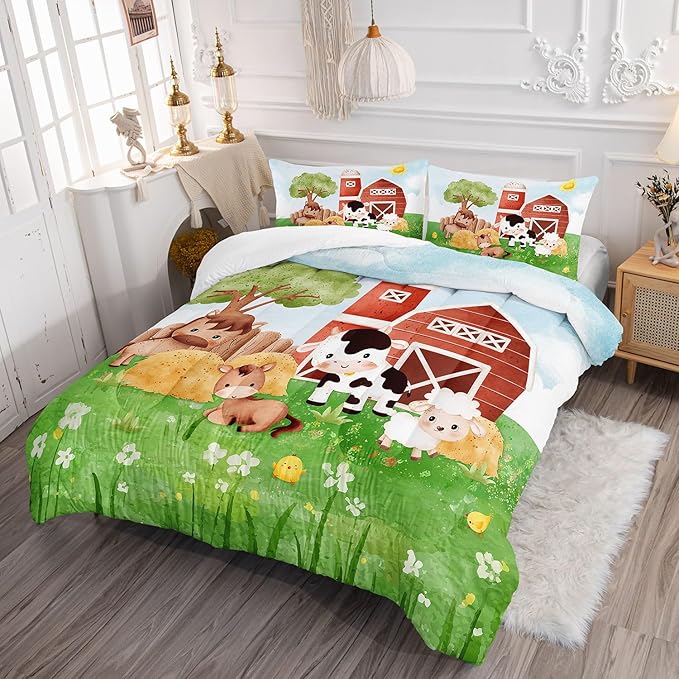 Kids Comforter Set Farm Theme Printed Pattern Bedding Set with 1 Comforter and 2 Pillowcases for Girls Boys Bedroom All Season(Farm Theme03 Queen)