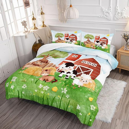 Kids Comforter Set Farm Theme Printed Pattern Bedding Set with 1 Comforter and 2 Pillowcases for Girls Boys Bedroom All Season(Farm Theme03 Queen)