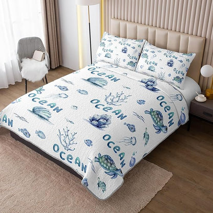 Twin Quilt Bedding Set 3 Pieces,Sea Turtle Shell Coral Pattern Bed Sets for Room Coastal Decor,Ocean Themed Bedding Summer Quilt with 2 Pillowcases.