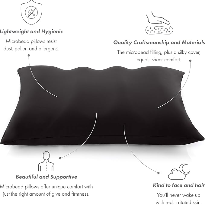 PILLOWY Premium Microbead Bed Pillow, X-Large Extra Fluffy But Supportive - Ultra Comfortable Sleep with Silk Like Anti Aging Cover 85% Spandex/ 15% Nylon Breathable, Cooling Matte Black