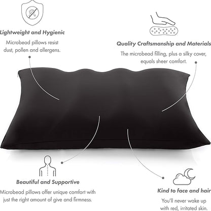 PILLOWY Premium Microbead Bed Pillow, X-Large Extra Fluffy But Supportive - Ultra Comfortable Sleep with Silk Like Anti Aging Cover 85% Spandex/ 15% Nylon Breathable, Cooling Matte Black