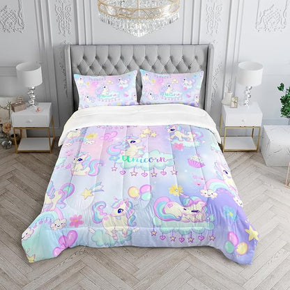 Kid Unicorn Comforter Set Twin Size 3Pcs White Cloud Star Love Heart Pattern Quilt Balloon Bedding Set for Boys Girls with 1 Comforter and 2 Pillowcases