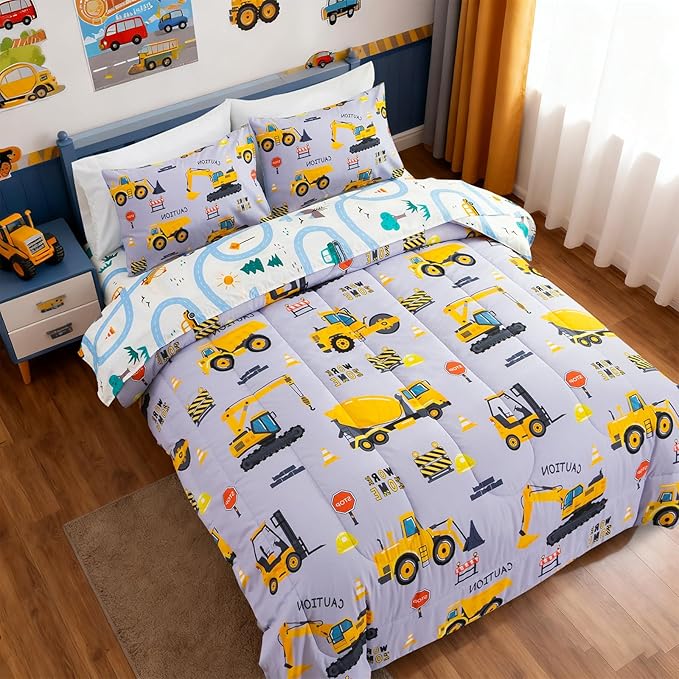 Holawakaka Construction Truck 5-Piece Twin Bed-in-A-Bag Set, Boys Comforter & Sheet Set with Excavator & Tractor Print, Kids Bedding Collection, Machine Washable, Gift for Kids
