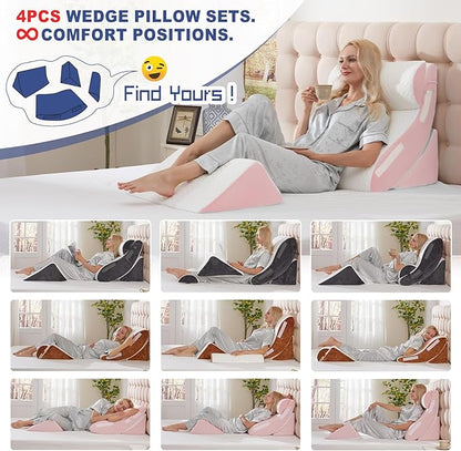 4PC Geriatric Wedge Pillow System - Elderly Bed Wedges for Sitting/Sleeping, Post Surgery Body Positioner with Non-Slip Base (Ideal for Seniors & Pregnancy), White Pink