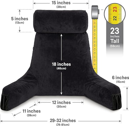 Husband Pillow Medium Black, Backrest for Kids, Teens, Petite Adults - Reading Pillows with Arms, Adjustable Loft, Plush Memory Foam, Bed Rest Chair for Sitting Up, Detach Neck Roll, Removable Cover