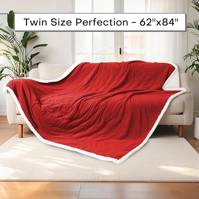 Electric Heated Blanket Twin Size 62"x84" - Dual-Sided with Microplush & Sherpa Fabric, 4 Heat Settings & 10 Hours Auto Off, Machine Washable - Red