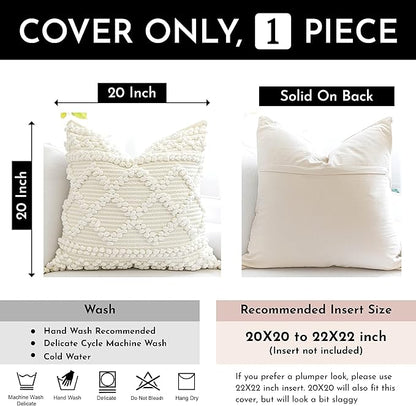 BlissBlush Pure White Decorative Throw Pillow Cover 20X20, Boho Accent Pillow for Couch, Square Modern Farmhouse Pillowcase for Living Room Couch Sofa Cushion Home Décor (Pack of 1)