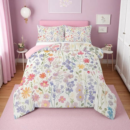 Erosebridal Colorful Floral Full Comforter Set for Girls Boys Kids,Pink Purple Cute Flower Bedding Set Boho Bedroom Decor,Watercolor Wildflower Quilt Bed Set Rustic Flowers Bed Comforter Set 3Pcs