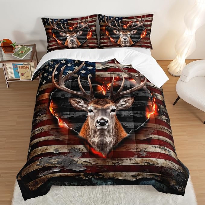 Deer Bedding Sets for Kids Boys Girls Room Decor,Hunting Themed American Flag Bedding Comforter Sets,Western Comforter Sets Camo Twin Bedding Set with 2 Pillowcases.