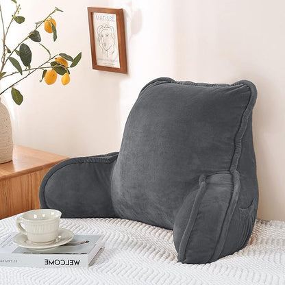Super Soft Velvety Backrest Reading Bed Rest Pillow with Arms and Pockets 18" H for Sitting in Bed Couch Sofa, Back Support Wedge Cushion with Removable Cover, 20" x 18" x17", Dark Gray