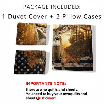 CVHOUSE Deer Hunting Duvet Cover Twin Size,American Flag Bedding Set,Deer Theme Comforter for Boys Kids Teens,1 2 Pillowcases 3 Piece Twin 71'x87'