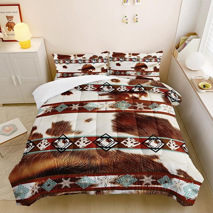 Boho Animal Fur Comforter Set 3 Pieces Queen Size, Mixed Coffee Brwon and White Long Hair for Boys Girls, 3 Pieces Warm Fuzzy Cozy Decorative Room with 2 Pillowcases All Seasons.