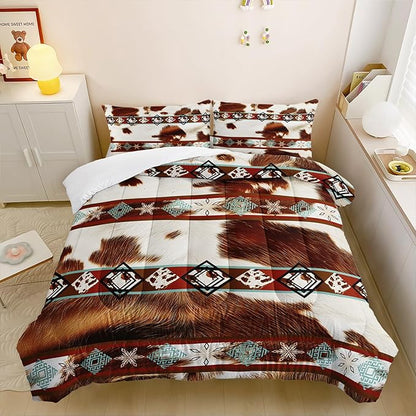 Boho Animal Fur Comforter Set 3 Pieces Queen Size, Mixed Coffee Brwon and White Long Hair for Boys Girls, 3 Pieces Warm Fuzzy Cozy Decorative Room with 2 Pillowcases All Seasons.