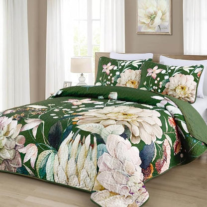 Drucon Floral Quilt Queen Size - 3 Pieces Green Quilt Botanical Bedspread Soft Lightweight Flower Bedding Set for All Season (96"x90")