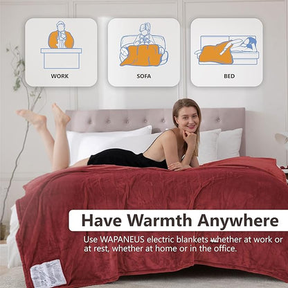 Wapaneus Foot Pocket Heated Blanket Electric Throw with 10 Heating Levels and 4 Timer Settings 4 Hours Auto Shut Off, Flannel Fast-Heating Heated Throw 50" x 60", Machine Washable,Red