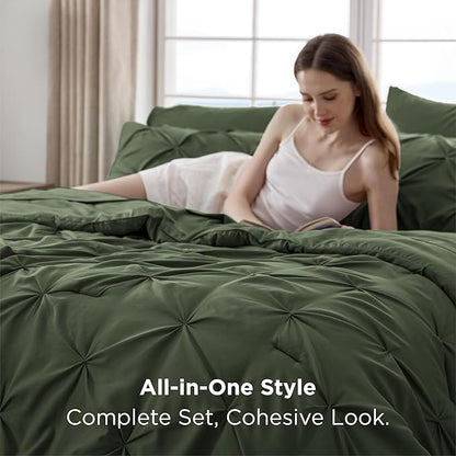 Bedsure Oversized Queen Comforter Set Olive Green - Bed in a Bag Bedding Set 7 PCS, GentleSoft™ Pintuck Bed Set Gift for Family, Pinch Pleat All Season Comforter with Sheets, Pillowcases & Shams