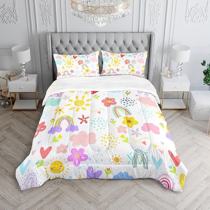 Colorful Rainbow Comforter Graffiti Cute Sun Flowers Bedding 3Pcs Queen Cartoon Hearts Cloud Pattern Quilt Set for Kids Teens Girls Boys Raindrop Bed Set with 1 Comforter and 2 Pillowcases