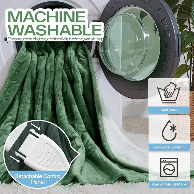 Full Size Electric Blanket Heated, Double-Sided Flannel＆Sherpa Heated Blanket with 8 Heat Levels & 10 Hours Auto Off, Fast Heating Blankets Machine Washable with ETL & FCC Certified, Green