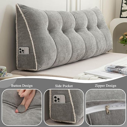 Headboard Pillow Twin, Chenille Triangular Wedge Pillow Headboard Twin Size, Reading Setting Backrest Daybed Pillows for Bed Sofa with Removable Coverr, Grey