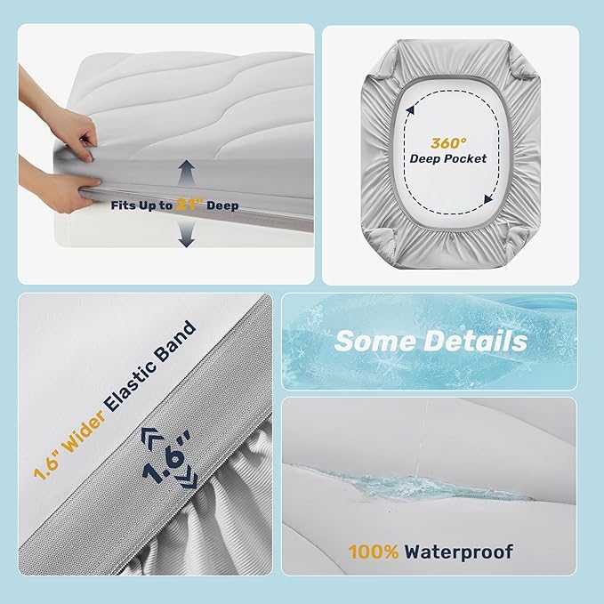 Unikome Ultra Soft Waterproof King Size Mattress Pad, Cooling Mattress Protector for Hot Sleepers, 5-Layers Noiseless Washable Mattress Cover with 8"-21" Deep Pocket (Light Grey, 78x80)