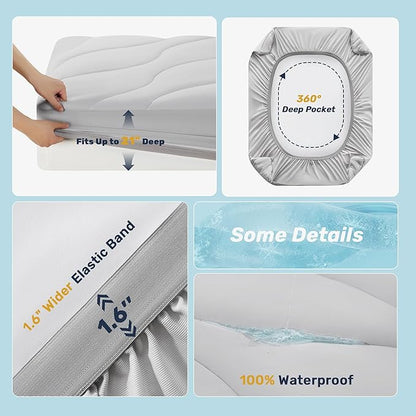Unikome Ultra Soft Waterproof Mattress Pad Queen, Cooling Mattress Protector for Hot Sleepers, 5-Layers Noiseless Washable Mattress Cover with 8"-21" Deep Pocket (Light Grey, 60x80)