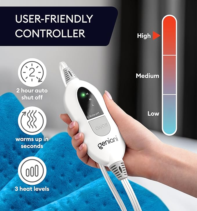 GENIANI XL Electric Heating Pad for Back Pain & Cramps Relief, Electric Throw, Birthday Christmas Gifts for Women, Men Auto Shut Off, Machine Washable, Heat Pad for Neck & Shoulder (Aqua Blue)