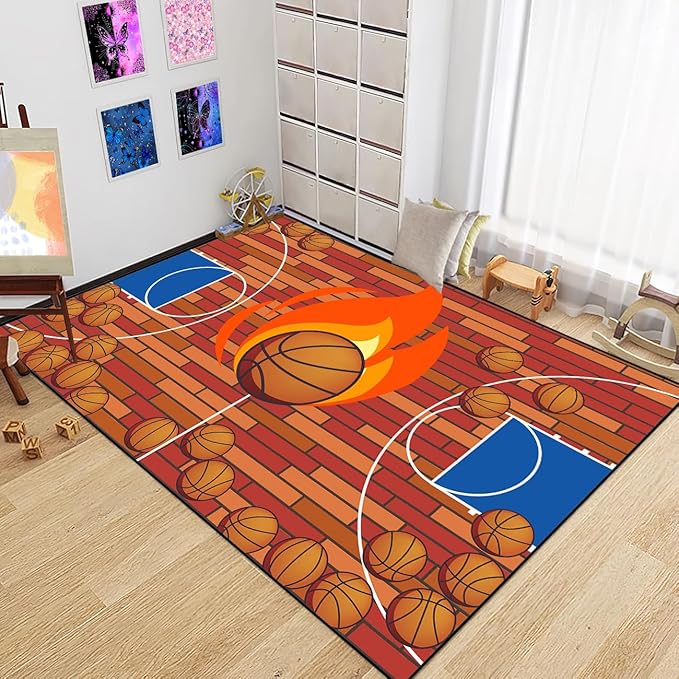 Basketball Court Rug - Basketball Rug for Boys Bedroom, Sports Decor for Boys Bedroom Kids Carpet, Sports Themed Carpets for Playroom Living Room Floor Mat or Door mat, 3x4 Feet