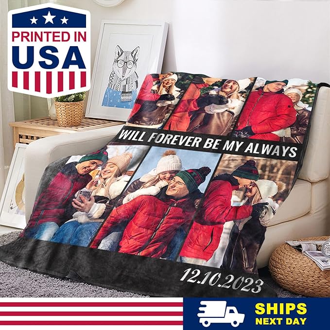 Yoke Style Ships Next Day, Custom Blanket with Photos Text, Picture Blankets Customized for Couple Gifts, Personalized Blankets and Throws Birthday Gift for Mom Dad Girlfriend Boyfriend Women Men