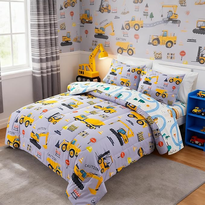 Holawakaka Construction Truck 5-Piece Full Bed-in-A-Bag Set, Boys Comforter & Sheet Set with Excavator & Tractor Print, Kids Bedding Collection, Machine Washable, Gift for Kids