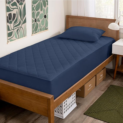 Bare Home Twin Extra Long Quilted Fitted Mattress Pad - Cooling Mattress Cover - Easily Washable - Elastic Fitted Cover for Mattress - Stretch-to-Fit up to 15 Inches Deep (Twin XL, Dark Blue)