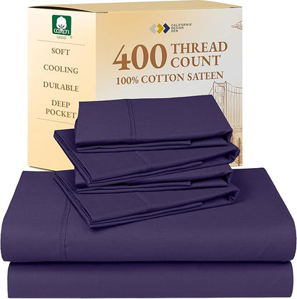 California Design Den 6-Pc King Size Sheet Set with 4 Pillowcases - Soft 400 Thread Count 100% Cotton Sheets, Sateen Weave, Deep Pocket Bedsheets Set - Dark Purple