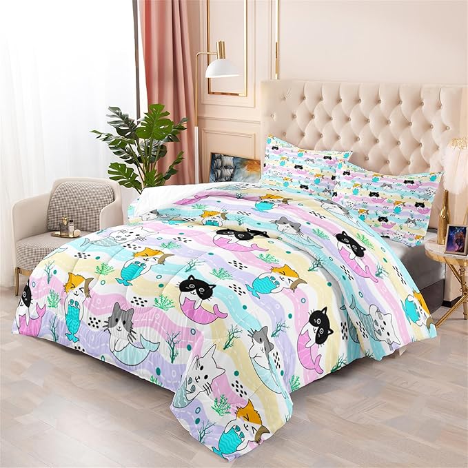 Girls Cat Bedding Set - Queen Size, 3Pcs Cute Cartoon Mermaid Tail Cat Patterns Comforter Set for Girls Boys Kids Bedroom Decor, 1 Comforter 2 Pillow Cases