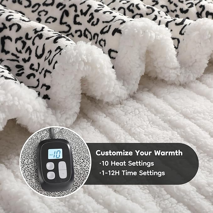 Electric Heated Blanket Full Size 72x84 - Leopard Print Flannel Soft Heating Blanket with 10 Heat Levels & Auto Shut Off, Machine Washable Warm Throw for Bed Couch, Black White