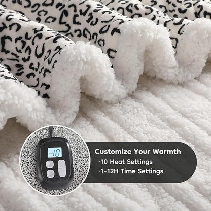 Electric Heated Blanket Full Size 72x84 - Leopard Print Flannel Soft Heating Blanket with 10 Heat Levels & Auto Shut Off, Machine Washable Warm Throw for Bed Couch, Black White
