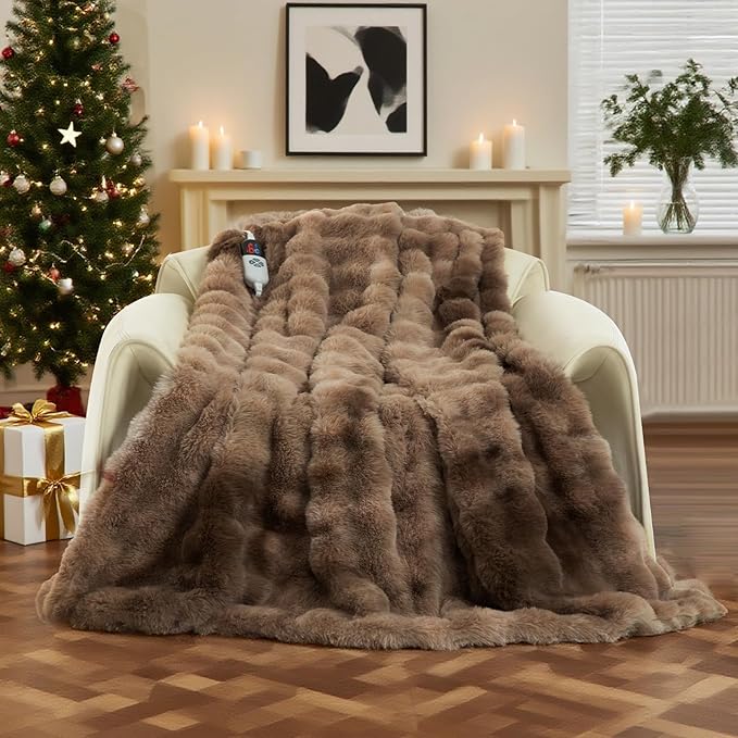 Faux Fur Heated Blanket Throw for Couch - 50"X60" Bubble Faux Fur Electric Blanket Fluffy Fuzzy Soft Thick with 6 Fast Heating Levels & 4 hrs Timer Settings, Washable & ETL Certified, Tie-Dye Brown