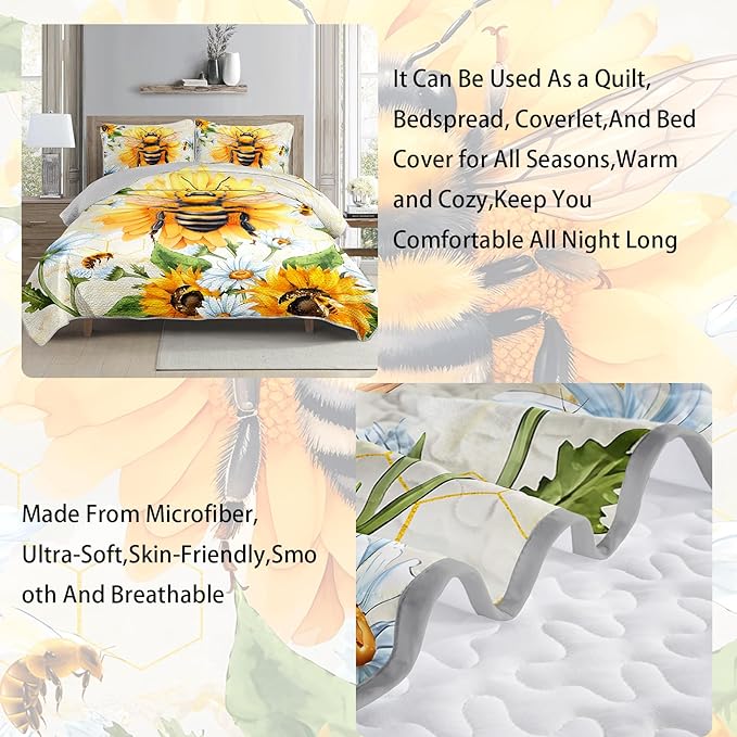 AILONEN Honey Bee Quilt Bedding Set Twin Size,Sunflower Bedspread Coverlet,3Pcs Soft Watercolor Yellow Bee & Floral Bed Cover(1 Quilt + 2 Pillowcases)