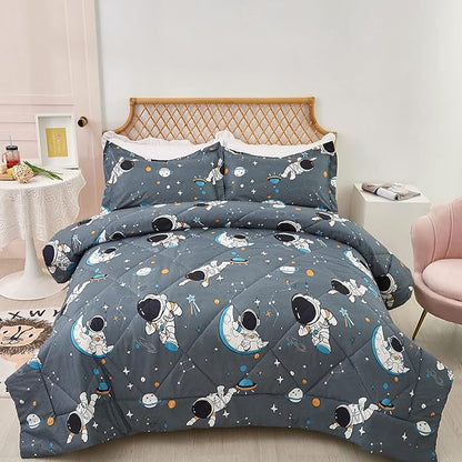 JSD Grey Astronaut Kids Comforter Set Queen Size, 3 Piece Space Theme Microfiber Comforter with Pillow Sham, Machine Washable