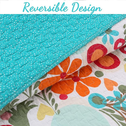 Cozy Line Home Fashions Pink Green Blue Orange Colorful Floral Whimsy 100% Cotton Reversible Girl Quilt Bedding Set, Coverlet, Bedspread (Queen - 3 Piece: 1 Quilt + 2 Standard Shams)