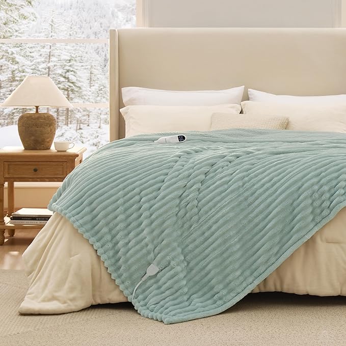 Bedsure Electric Blanket Twin - Thick Striped Flannel Electric Blanket, Heating with 10 Time Settings, 6 Heat Settings, and 8-Hour Timer Auto Shut Off, Gifts for Grandma (62x84 inches, Green)