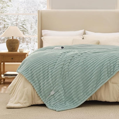 Bedsure Electric Blanket Twin - Thick Striped Flannel Electric Blanket, Heating with 10 Time Settings, 6 Heat Settings, and 8-Hour Timer Auto Shut Off, Gifts for Grandma (62x84 inches, Green)