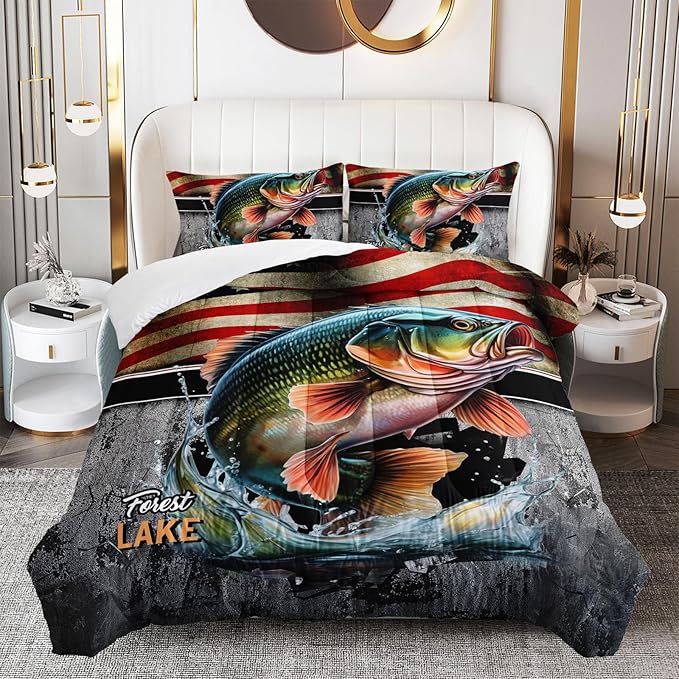 Big Pike Fishing Comforter Set for Kids Men Women, 3 Piece Striped Bass Big Fish American Flag Bedding Set Queen Size, Theme Quilt Decorative Soft Bedding Set with 2 Pillowcases