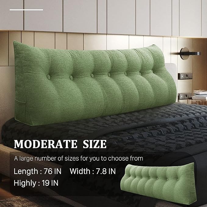 Wedge Headboard Pillow Dorm Room Reading Pillow Back Support for Sitting Up in Bed Bolster Lumbar Cushion Body Positioning Bedrest Cotton Linen 76in Grass Green King