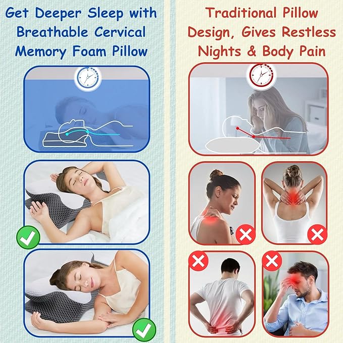 Ultra Pain Relief Cervical Neck Pillow for Side Sleepers, Ergonomic Cooling Memory Foam Pillows for Neck Pain Relief, Butterfly Pillow for Shoulder & Back, Removable & Washable Cover, Standard Size